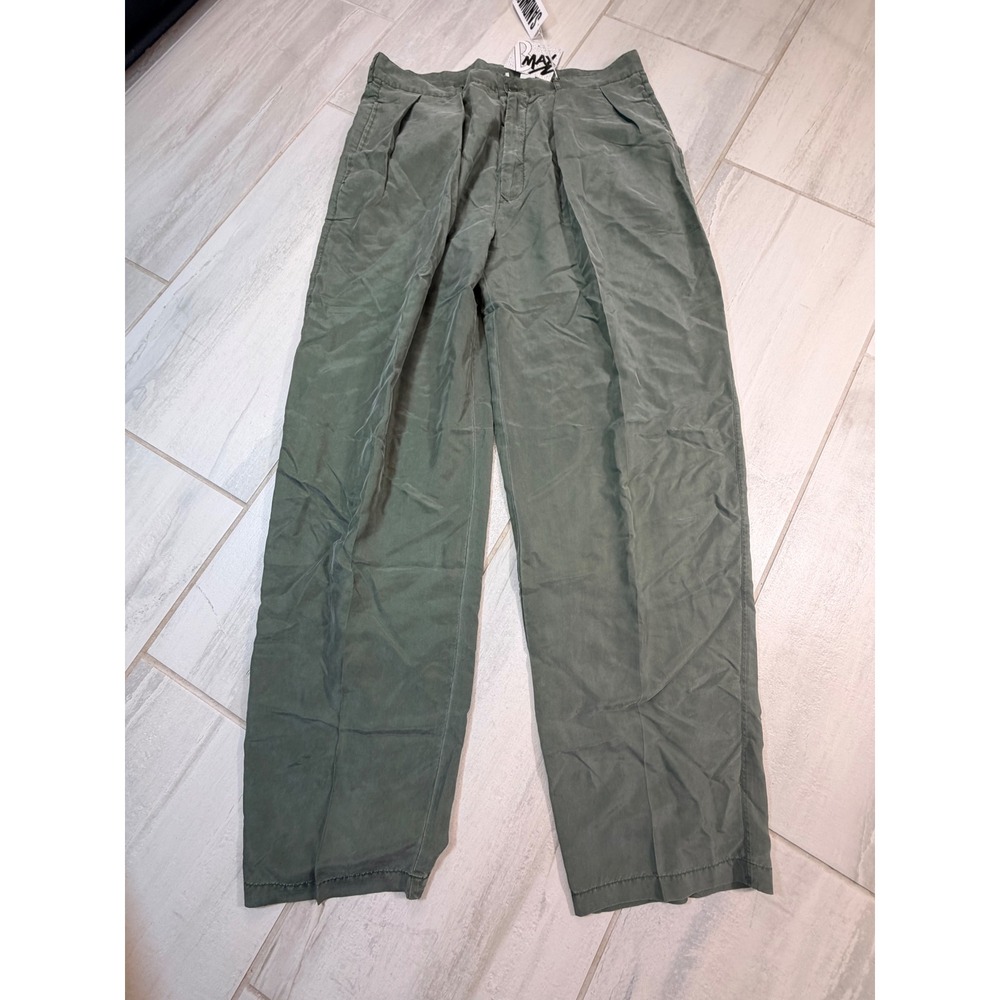 B. Max Mens Sandwashed Silk Pleated Trousers Olive Green Size 38x34 Vintage NWT